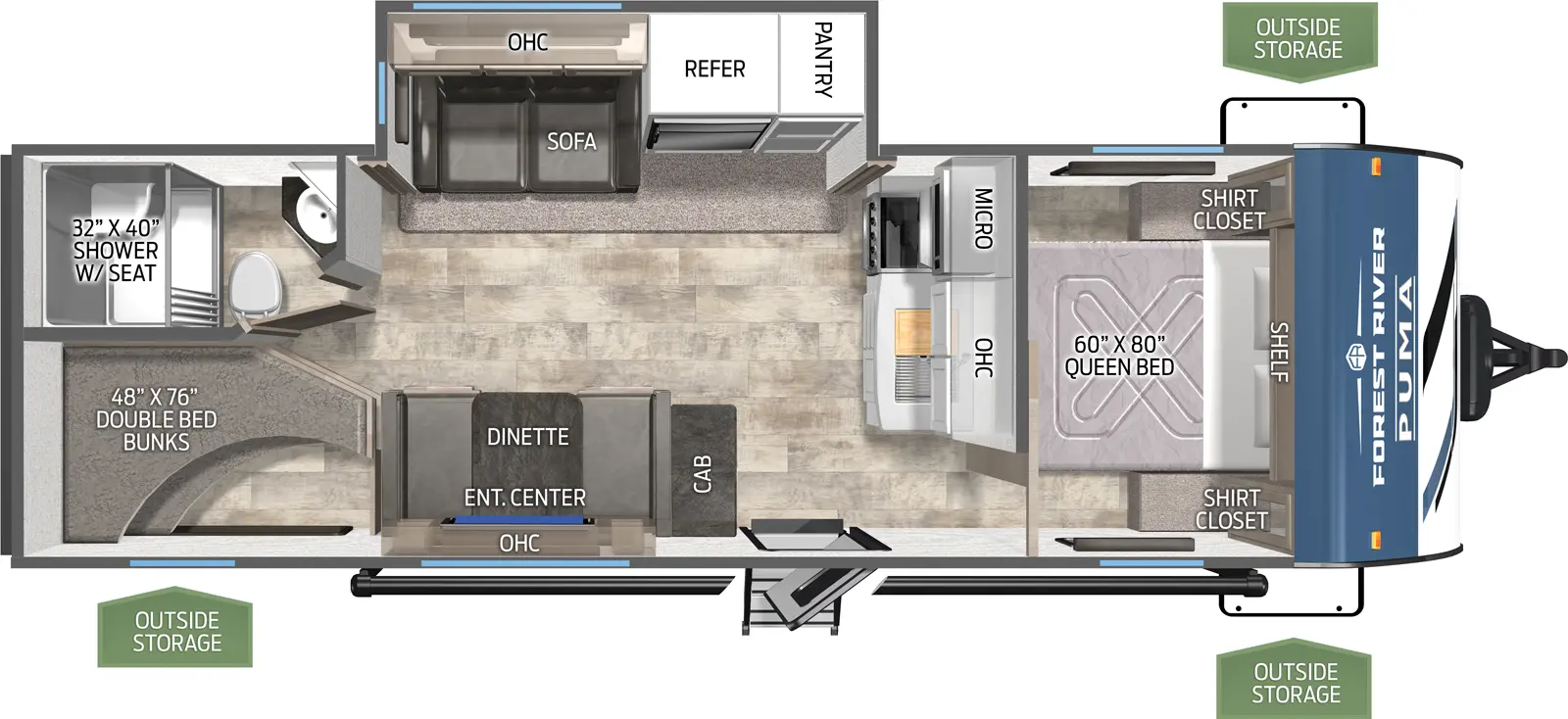 The Puma 25BHS floorplan has one entry and one slide out. Exterior features include: metal exterior and 19' awning. Interiors features include: bunk beds and front bedroom.